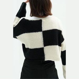 nwt Cider Checkerboard Pullover Knit Cropped Sweater Black Off White, Size M